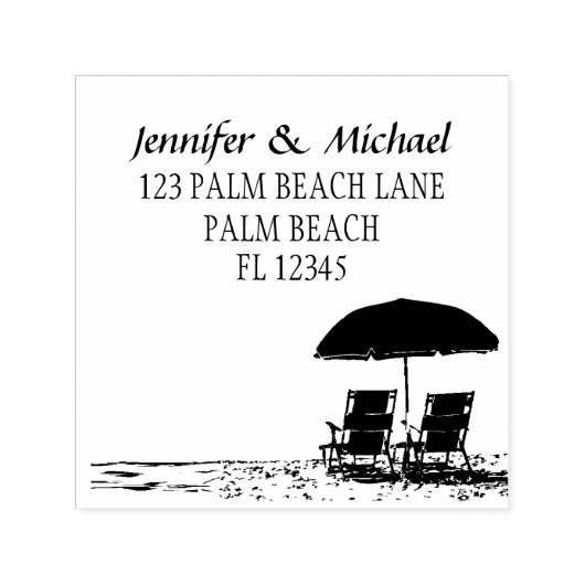 Tampon Auto-encreur Deux transats, parasol de l'océan mariage plage (Design)