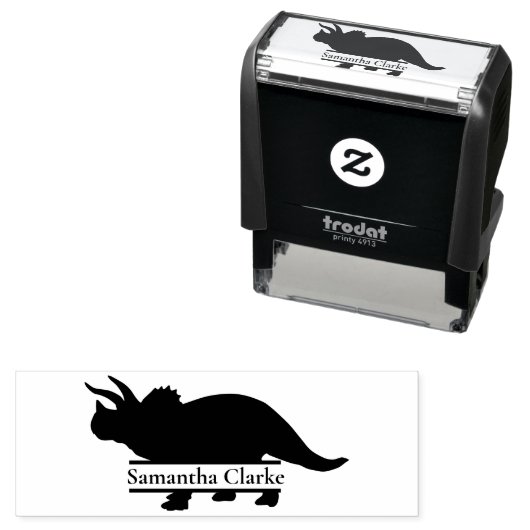 Tampon Auto-encreur Dinosaure Nom Tricératops auto-encastré Timbre (En situation)