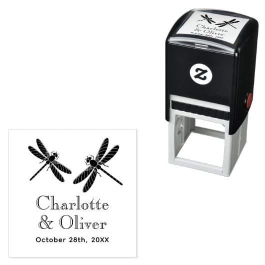 Tampon Auto-encreur Élégant 2 libellules Couple Noms Date Monogramme (En situation)