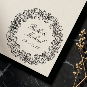 Tampon Auto-encreur Elégant Baroque Scroll Mariage Date & Noms