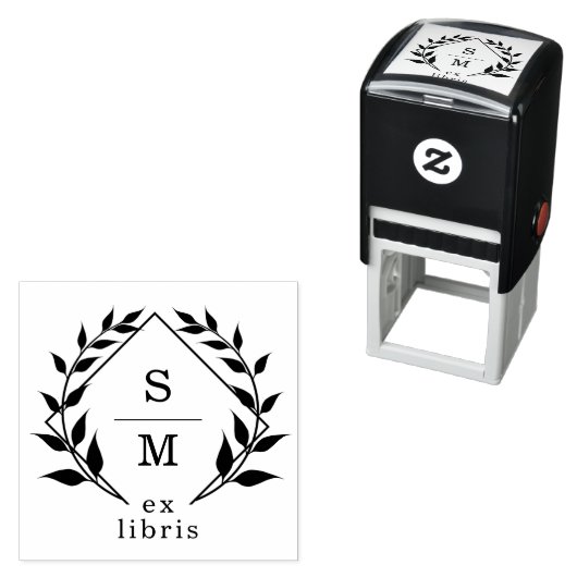 Tampon Auto-encreur Élégant Botanique Ex Libris Monogramme Bibliothèqu (En situation)