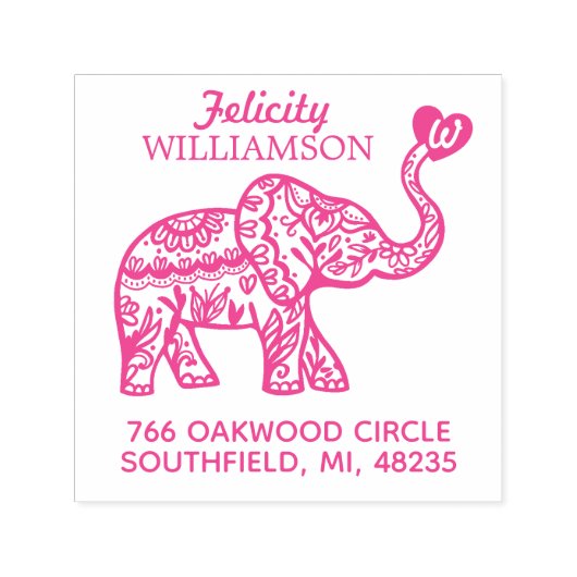 Tampon Auto-encreur Élégant coeur orné d'éléphant fleuri (Design)