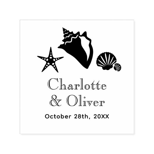 Tampon Auto-encreur Elégant conc Estarfish Seashells Couple Names Date (Design)