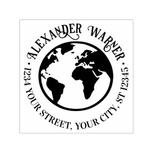 Tampon Auto-encreur Elegant Earth World Globe Map Nom Adresse de retou
