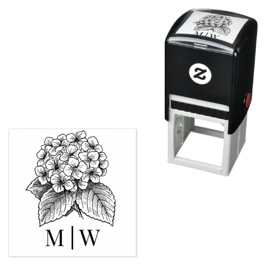 Tampon Auto-encreur *Elégant Hydrangea Bouquet Mariage Initiales en co (En situation)