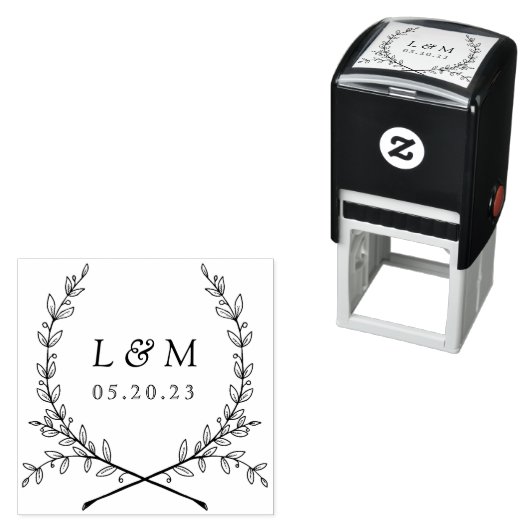 Tampon Auto-encreur Elegant Laurel Monogram Mariage Enregistrer la dat (En situation)