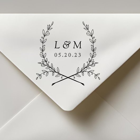 Tampon Auto-encreur Elegant Laurel Monogram Mariage Enregistrer la dat
