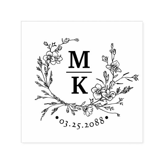 Tampon Auto-encreur Élégant Mariage de couronne Fleur sauvage monogram (Design)