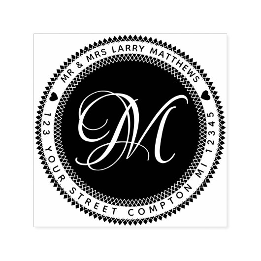 Tampon Auto-encreur Élégant Monogramme Adresse de retour avec Coeurs (Design)