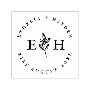 Tampon Auto-encreur Élégant Plante Vintage et Mariage extérieur Monogr