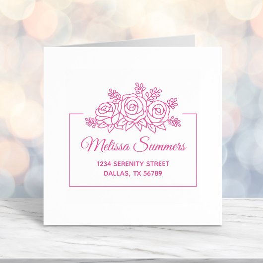 Tampon Auto-encreur Elégant Rose Bouquet Fleurs Cadre Adresse