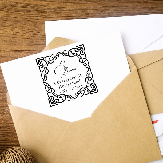 Tampon Auto-encreur Élégant Script Celtic Knot Bordure Adresse de reto