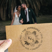 Tampon Auto-encreur Élégante Police Script Tropical Wreath Monogramme