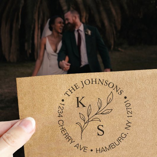 Tampon Auto-encreur Élégante verdure Floral Mariage Logo Monogramme