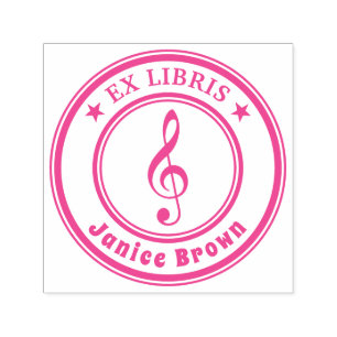 Tampon Auto-encreur Ex Libris avec clé de musique   Rose