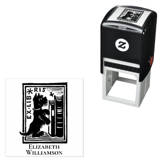 Tampon Auto-encreur Ex Libris Chien Boite Livre Retour (En situation)