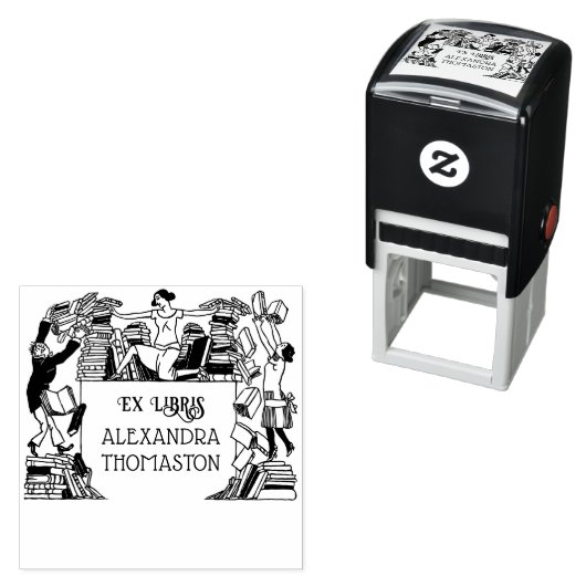 Tampon Auto-encreur Ex Libris Nom de la bibliothèque Livres tombant fa (En situation)