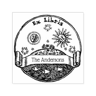 Tampon Auto-encreur Ex Libris Soleil Lune Étoiles Océan Terre Vintage