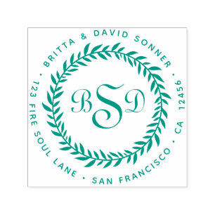 Tampon Auto-encreur Feuille classique V Wreath 3 Monogrammes - Adresse