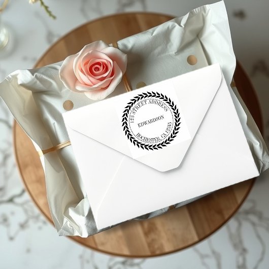 Tampon Auto-encreur Feuilles rustiques modernes nom de famille arrondi