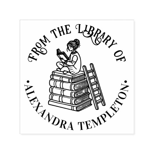 Tampon Auto-encreur Fille assise sur des livres en lecture #3 Nom du l (Design)