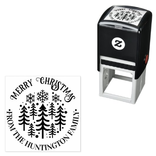Tampon Auto-encreur Fir Trees et Snowflakes Joyeux Noël Nom (En situation)