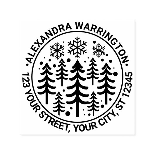 Tampon Auto-encreur Fir Trees et Snowflakes Nom Adresse de retour #2 (Design)