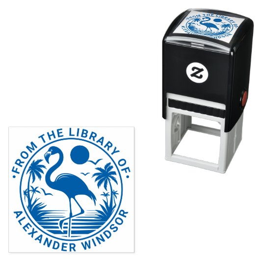 Tampon Auto-encreur Flamant rose debout, Palm Trees Bibliothèque Nom d (En situation)