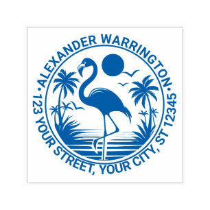 Tampon Auto-encreur Flamant rose debout, Palm Trees Nom Adresse de ret