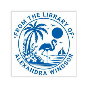 Tampon Auto-encreur Flamant rose Palm Tree Sailboat Library Nom du liv