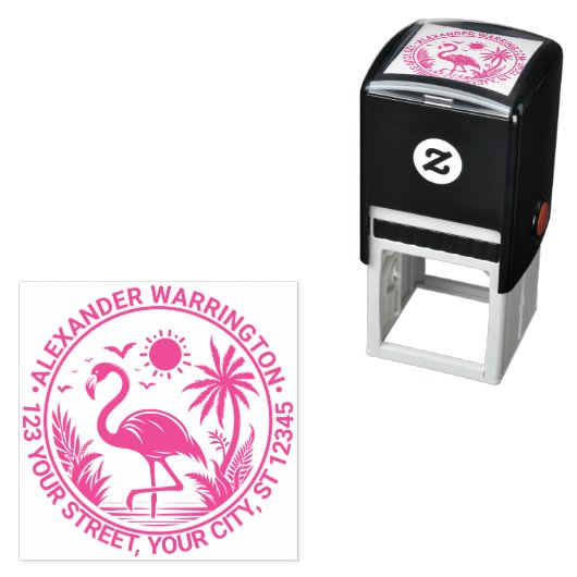 Tampon Auto-encreur Flamant rose Standing Palm Trees Nom du soleil Adr (En situation)