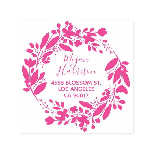 Tampon Auto-encreur Fleur couronne Cursive Fuchsia Adresse de retour (Design)