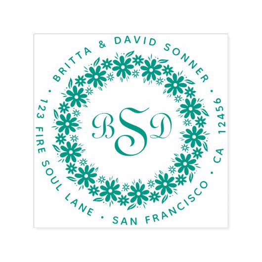 Tampon Auto-encreur Fleur de fleurs florales 3 Monogrammes - Adresse d (Design)