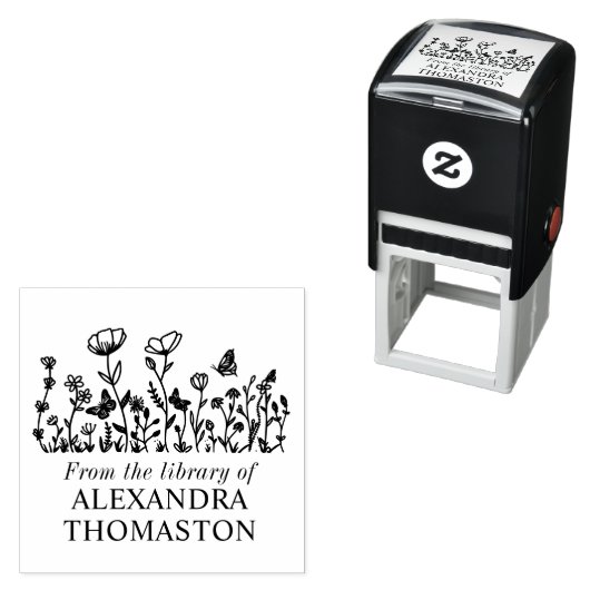 Tampon Auto-encreur Fleurs élégantes, Papillons Nom du livre (En situation)