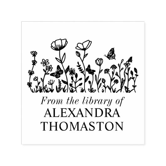 Tampon Auto-encreur Fleurs élégantes, Papillons Nom du livre (Design)