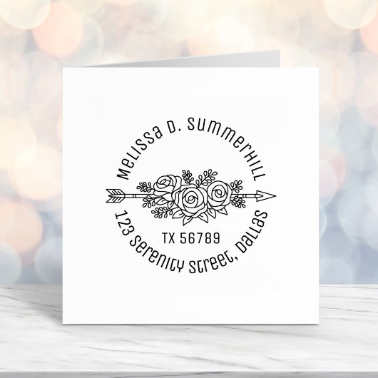 Tampon Auto-encreur Flore Tribal Arrow, Rose Fleurs Adresse ronde V2