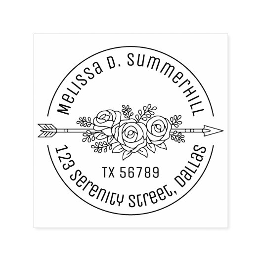Tampon Auto-encreur Flore Tribal Arrow Rose Fleurs Adresse ronde V2c (Design)