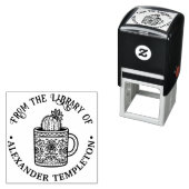 Tampon Auto-encreur Flower Cactus Café Cup #1P Library Nom du livre (En situation)