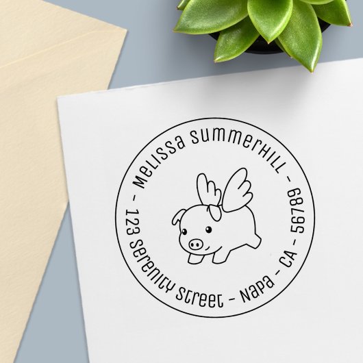 Tampon Auto-encreur Flying Pig - Piglet with Wings Round Address 1