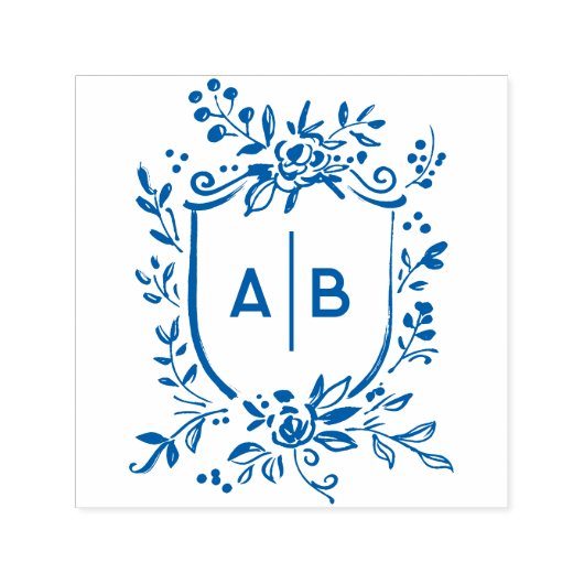 Tampon Auto-encreur French Blue Botanical Crest Wedding Monogram (Design)