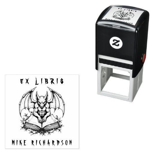 Tampon Auto-encreur Gargoyle gothique Garde Livre Horreur Ex Libris (En situation)