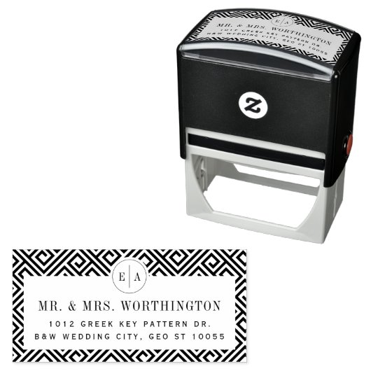 Tampon Auto-encreur Géométrique Clé grecque classique Adresse Mariage (En situation)