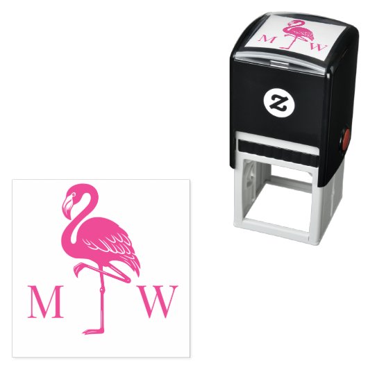 Tampon Auto-encreur Grand Flamant rose Couple Mariage 2 Monogramme ini (En situation)