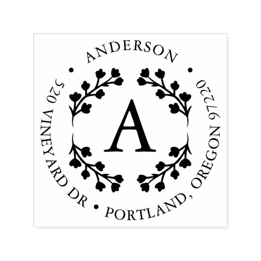 Tampon Auto-encreur Gras Floral Folial Wreath Monogramme Adresse de re (Design)