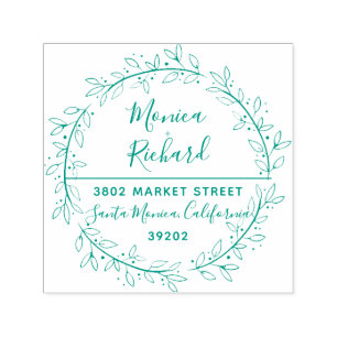 Tampon Auto-encreur Green Botanical Wreath Mariage Adresse de retour