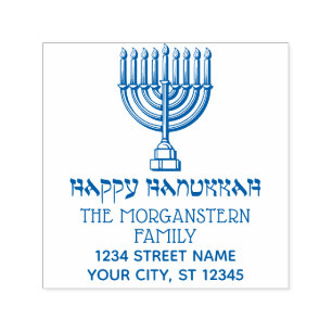 Tampon Auto-encreur Hanukkah Chanukah Ménorah allumée #3 Nom Adresse