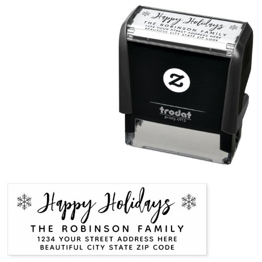 Tampon Auto-encreur Happy Holidays Script Snowflake Adresse de retour (En situation)