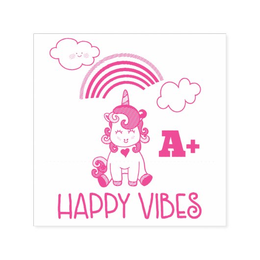 Tampon Auto-encreur Happy Vibes A+ Awesome Rainbow & Unicorn (Design)
