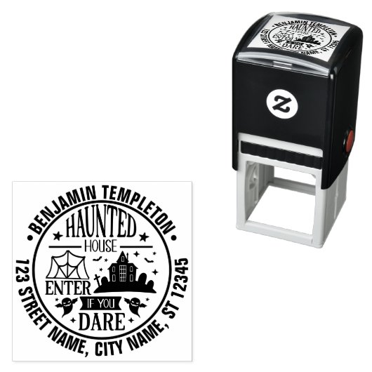 Tampon Auto-encreur Hauned House Spider Webs Ghosts Nom Adresse (En situation)
