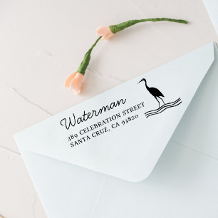 Tampon Auto-encreur Heron Silhouette Nom de famille Script Adresse de